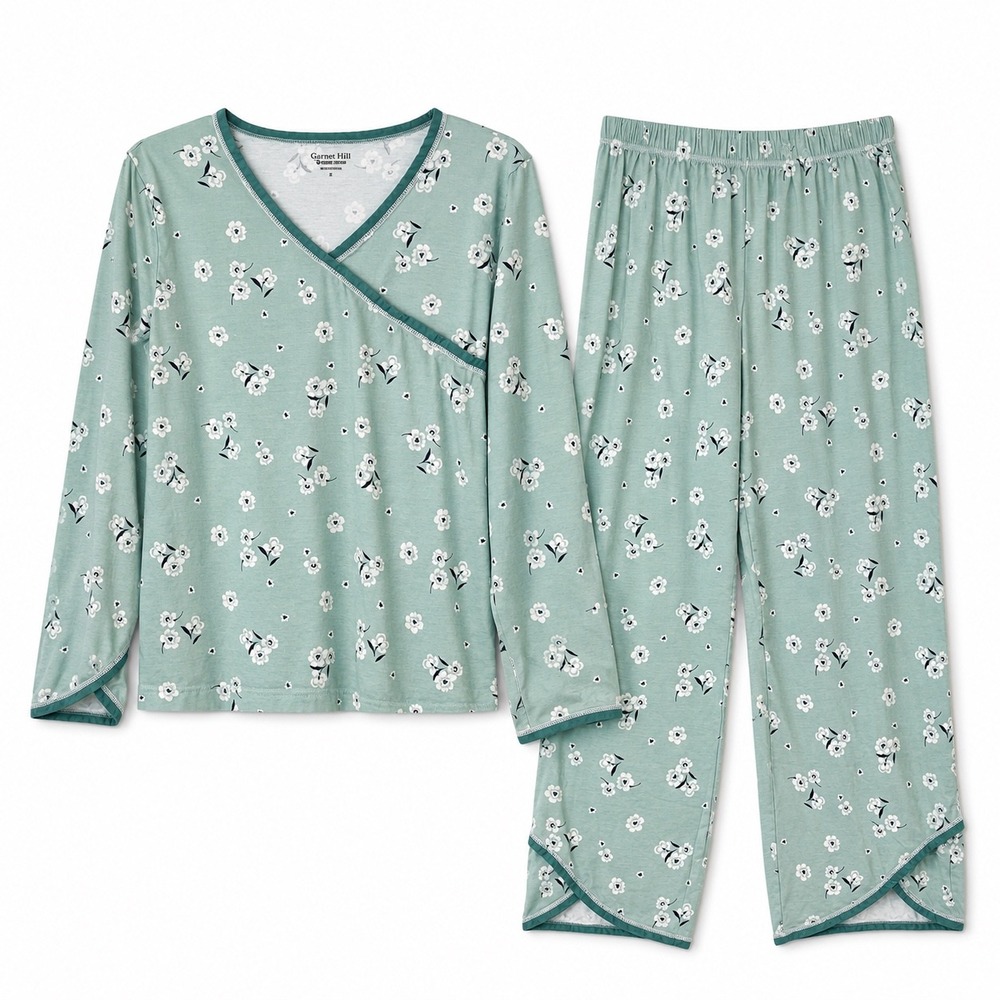 Garnet Hill Pajama Set Asian Wrap Long Sleeve Pants Turquoise Blue Floral Small